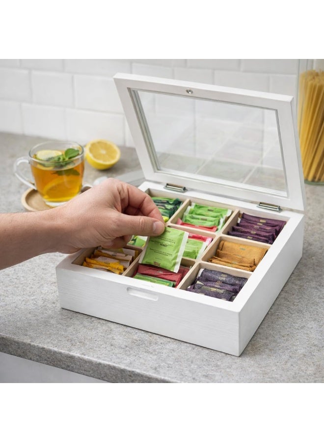 منظم صندوق شاي خشبي، علبة تخزين بـ 9 أقسام، حامل أكياس شاي، سعة كبيرة، فرز وعرض المشروبات، للاستخدام المنزلي على سطح الطاولة أو الخزانة، حل تصميم أنيق وعملي (أبيض) - Image 1